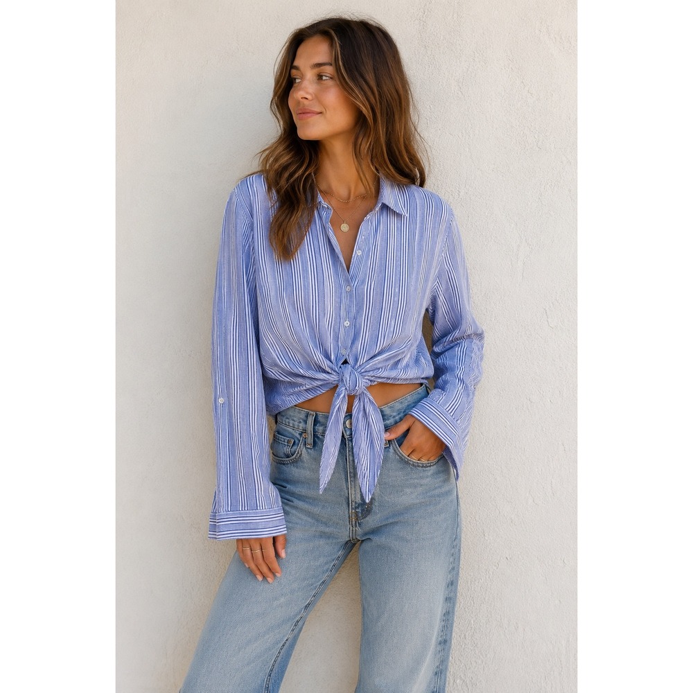 Multiples Blue White Striped Tie Front Button Down Shirt Lace Trim Small Cotton